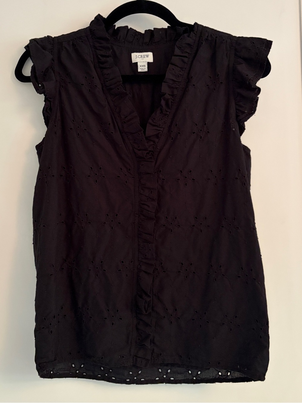 J. Crew Black Eyelet Ruffle V-Neck Blouse
